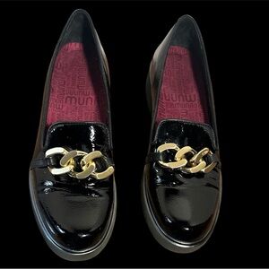 Munro Black Patent Loafers with Gold Accent
